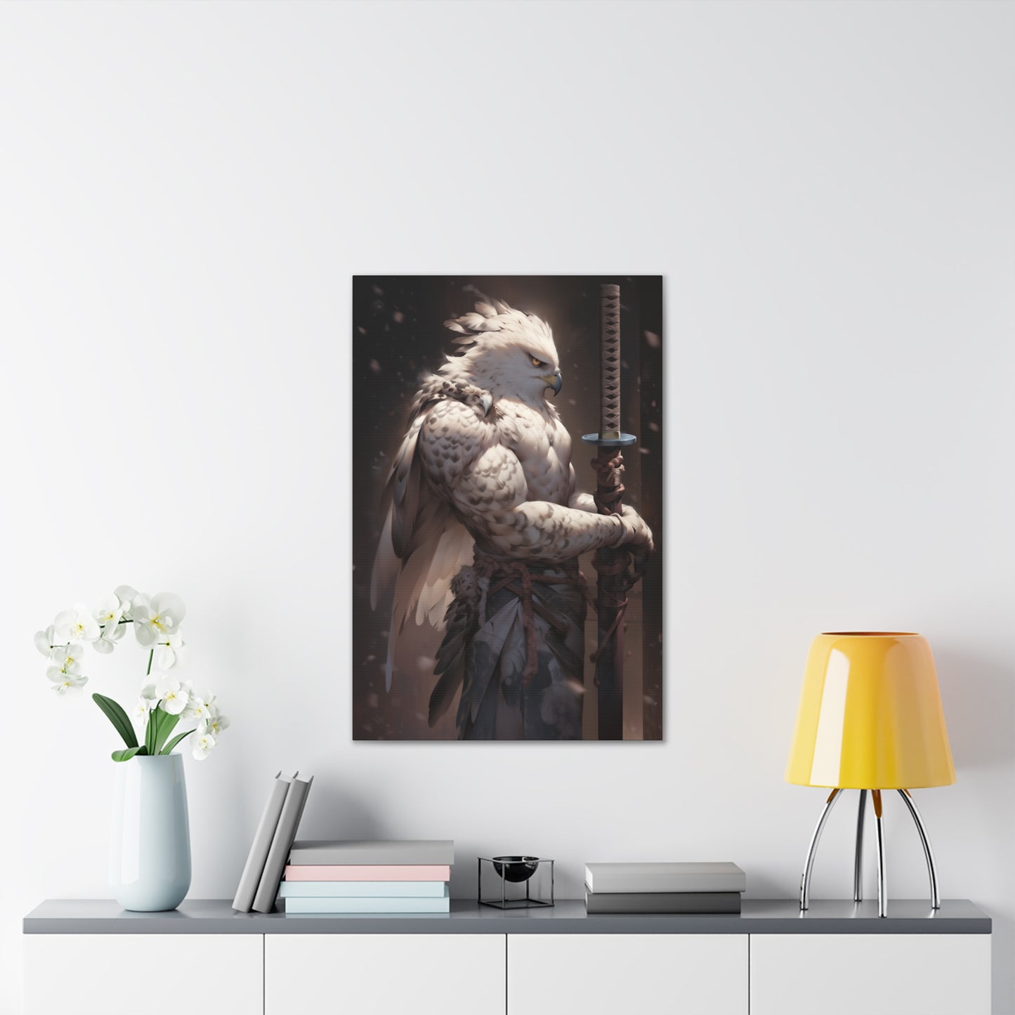 "Brown & White Falcon Owl Samurai" Canvas Stretched, 0.75" - Print