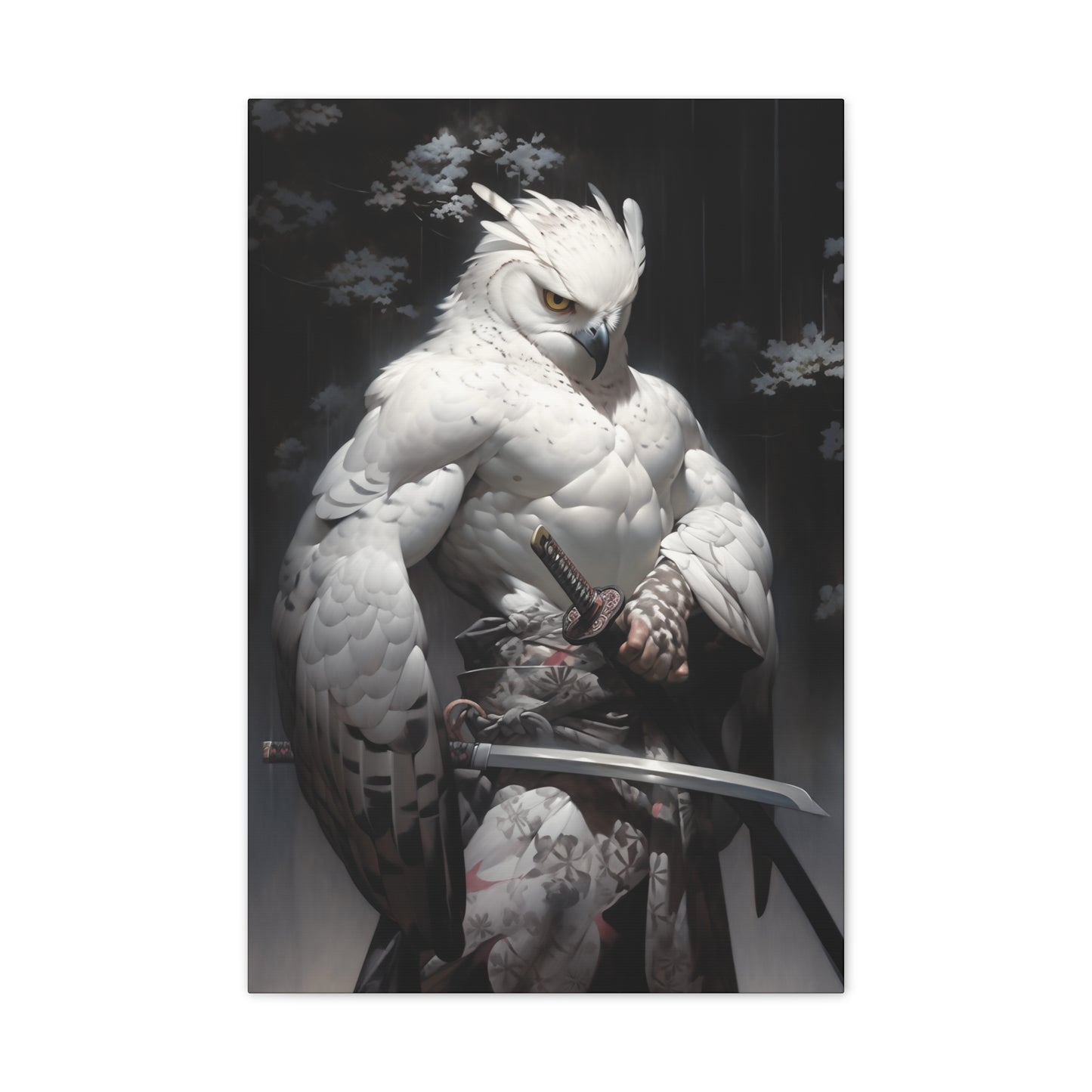 "Dark Brown & White Falcon Owl Samurai" Canvas Stretched, 0.75" - Print