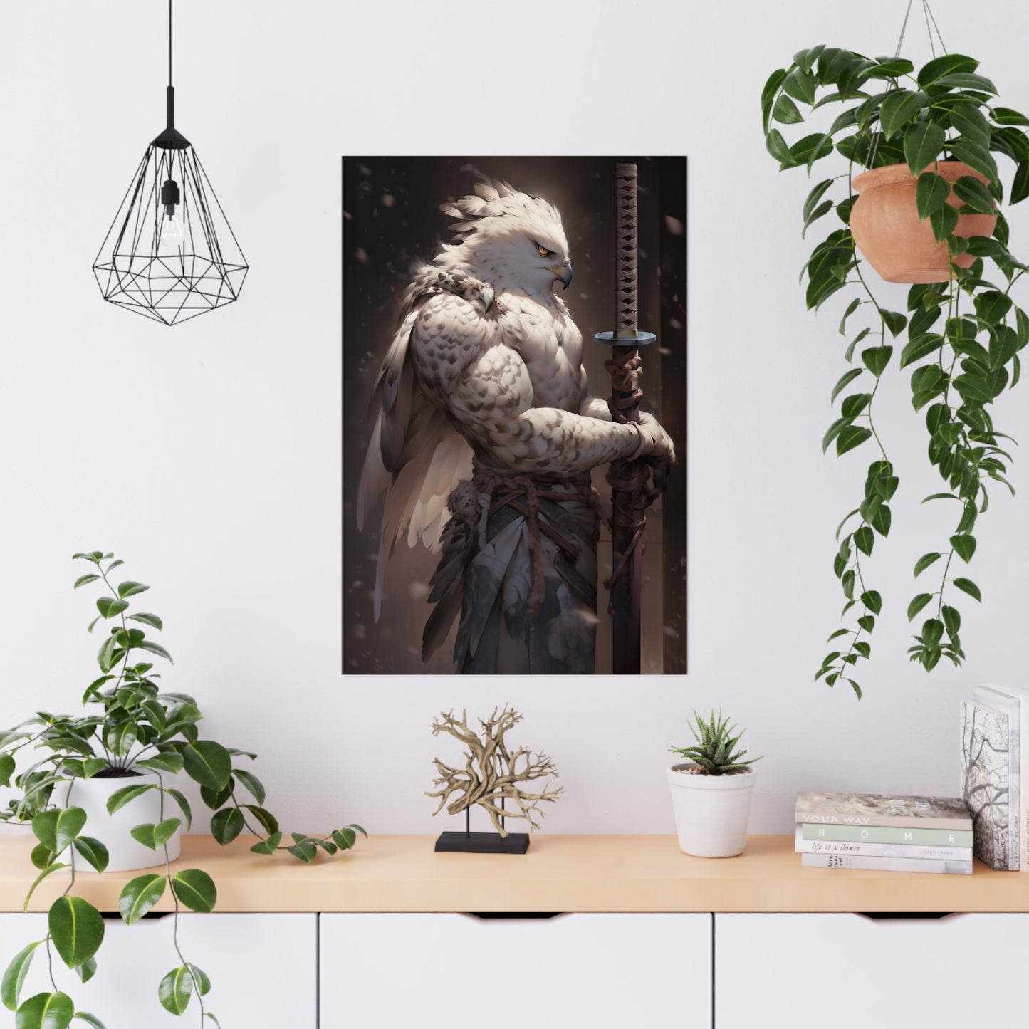 "Brown & White Falcon Owl Samurai" Poster - Print