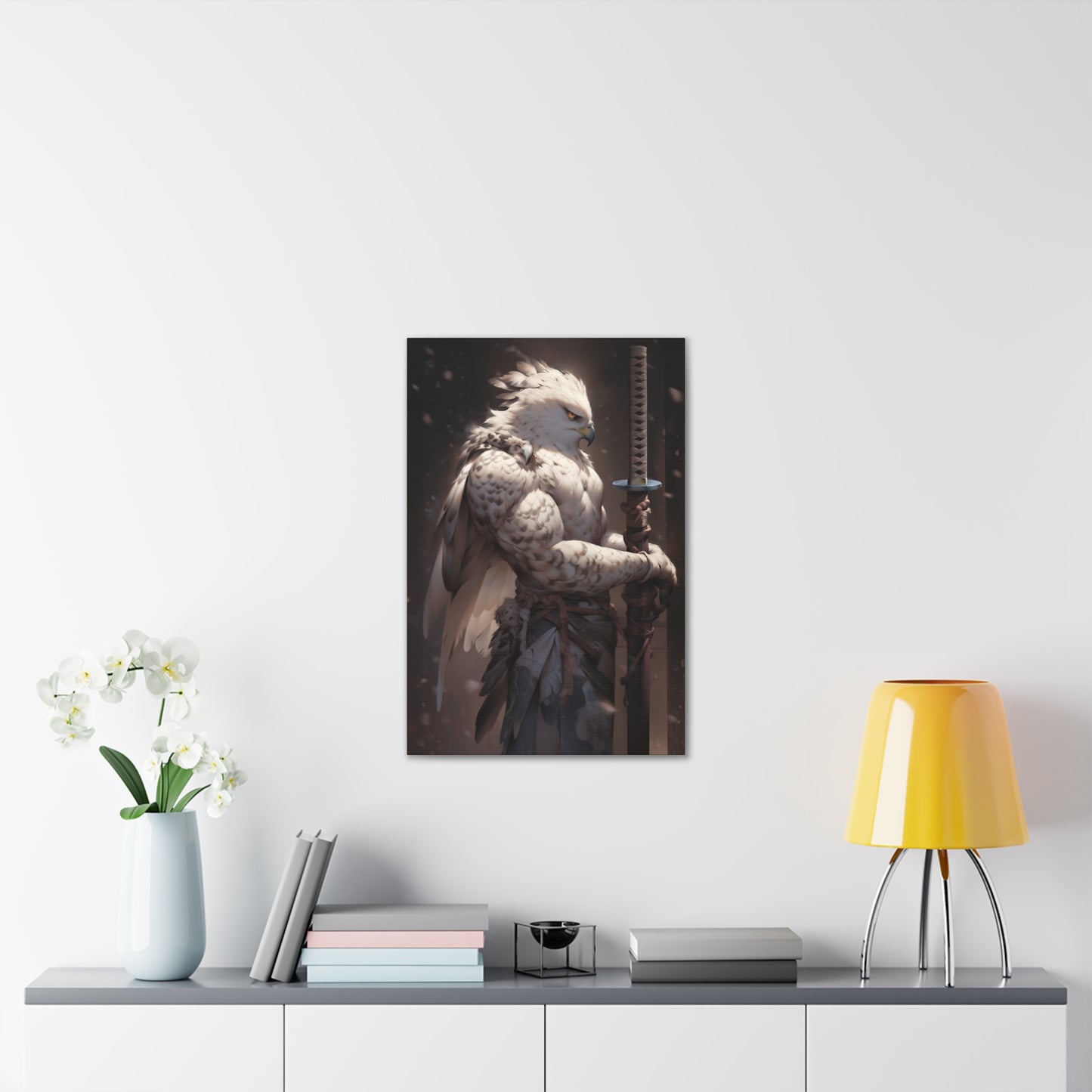 "Brown & White Falcon Owl Samurai" Canvas Stretched, 0.75" - Print