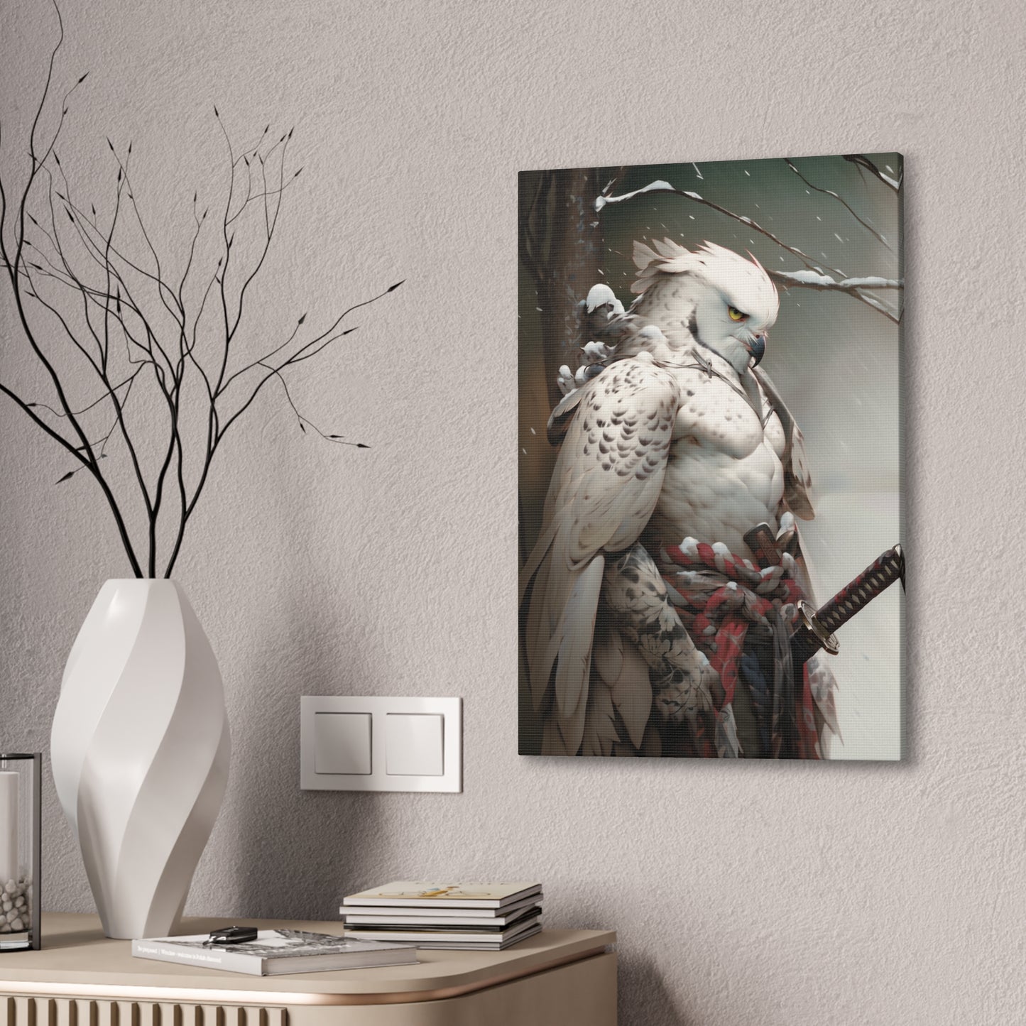 "Red & White Falcon Owl Samurai" Canvas Stretched, 0.75" - Print