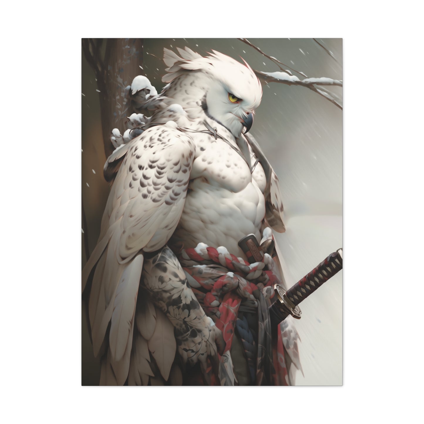 "Red & White Falcon Owl Samurai" Canvas Stretched, 0.75" - Print