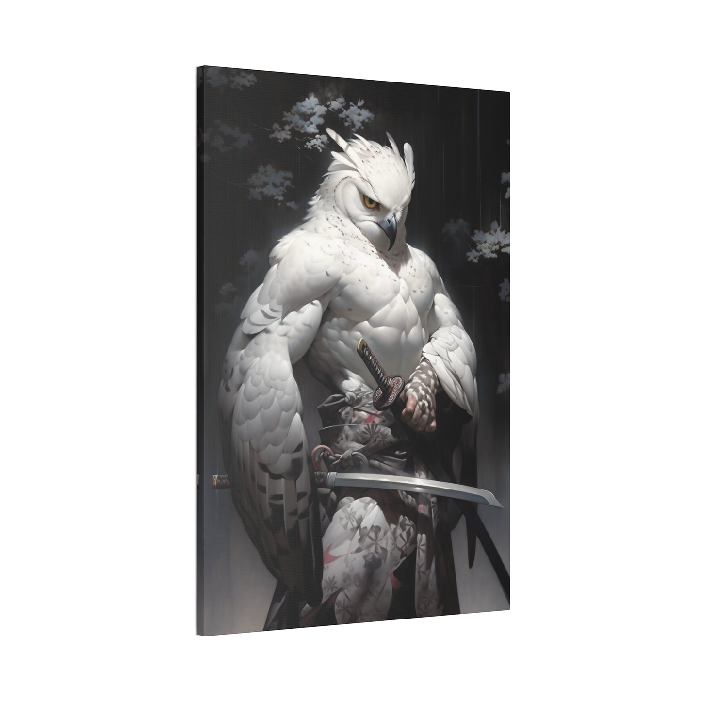 "Dark Brown & White Falcon Owl Samurai" Canvas Stretched, 0.75" - Print