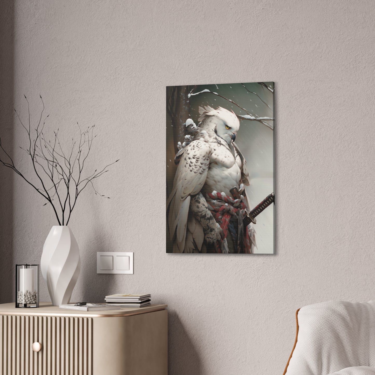 "Red & White Falcon Owl Samurai" Canvas Stretched, 0.75" - Print