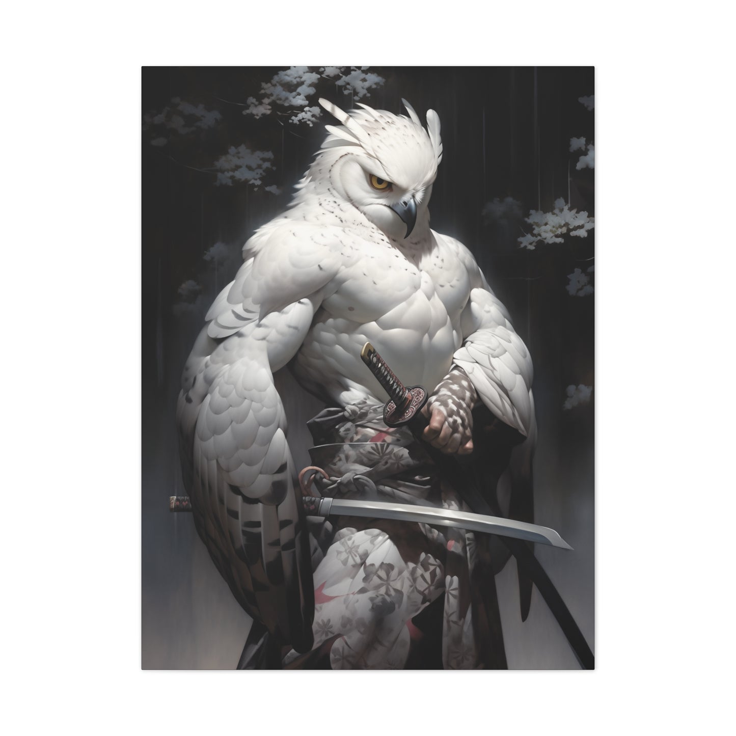 "Dark Brown & White Falcon Owl Samurai" Canvas Stretched, 0.75" - Print