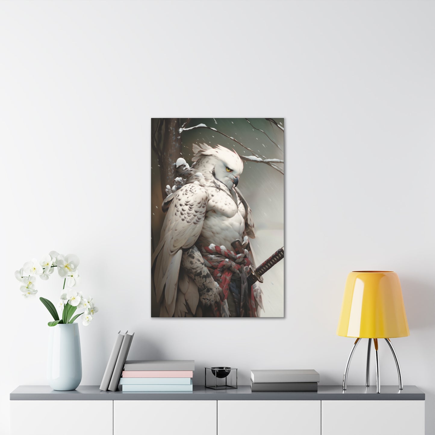 "Red & White Falcon Owl Samurai" Canvas Stretched, 0.75" - Print