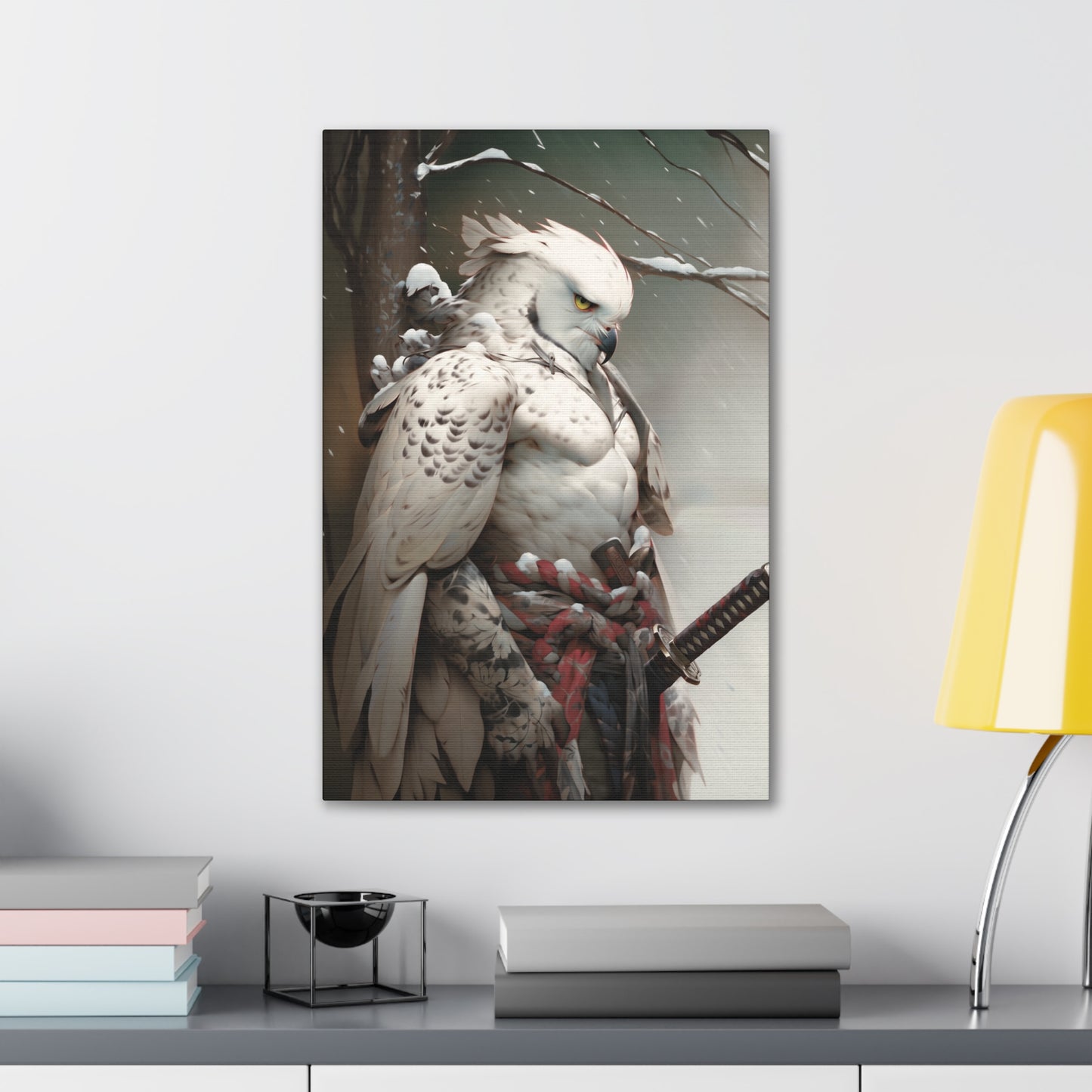 "Red & White Falcon Owl Samurai" Canvas Stretched, 0.75" - Print