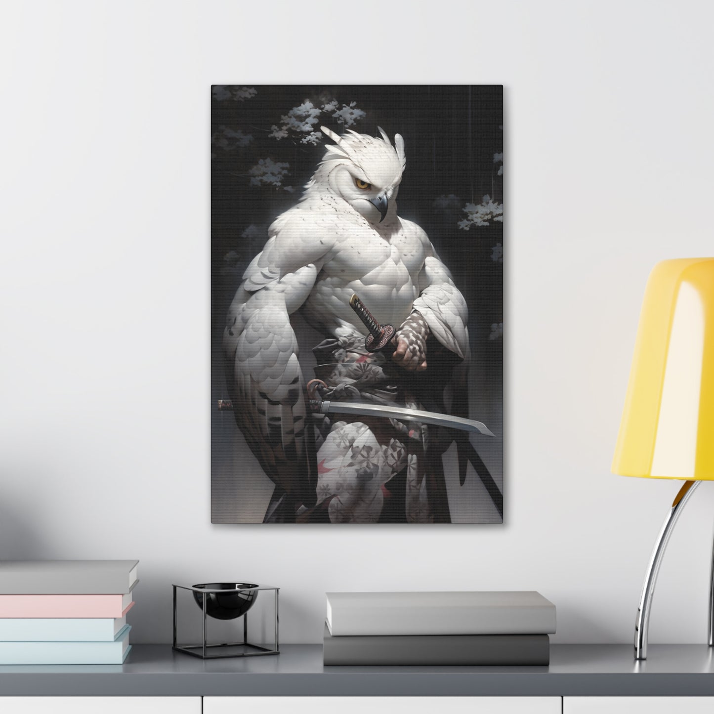 "Dark Brown & White Falcon Owl Samurai" Canvas Stretched, 0.75" - Print