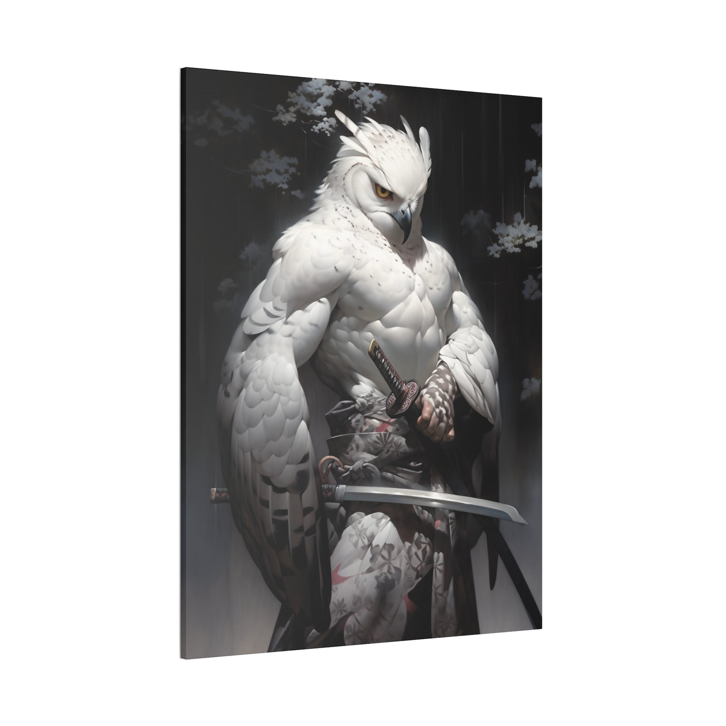 "Dark Brown & White Falcon Owl Samurai" Canvas Stretched, 0.75" - Print