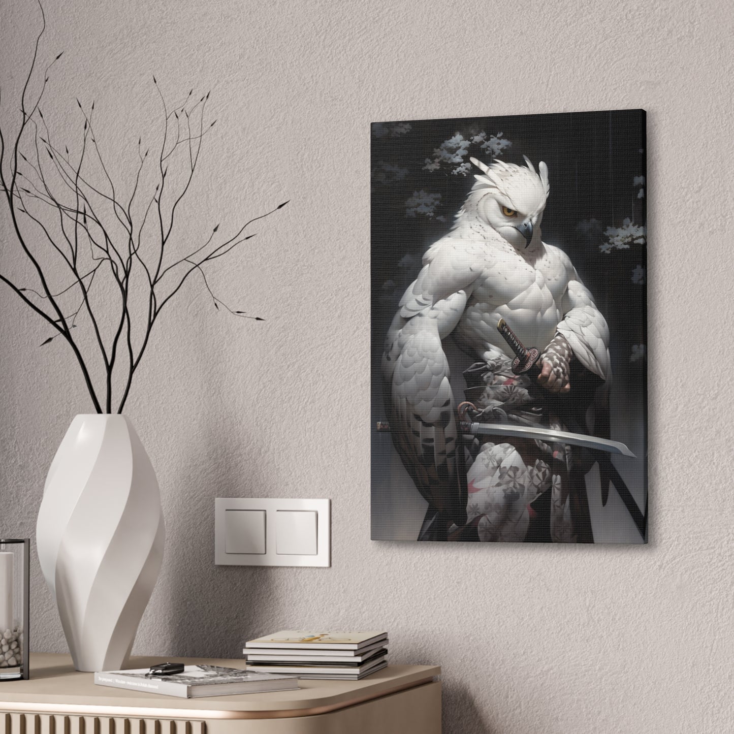 "Dark Brown & White Falcon Owl Samurai" Canvas Stretched, 0.75" - Print