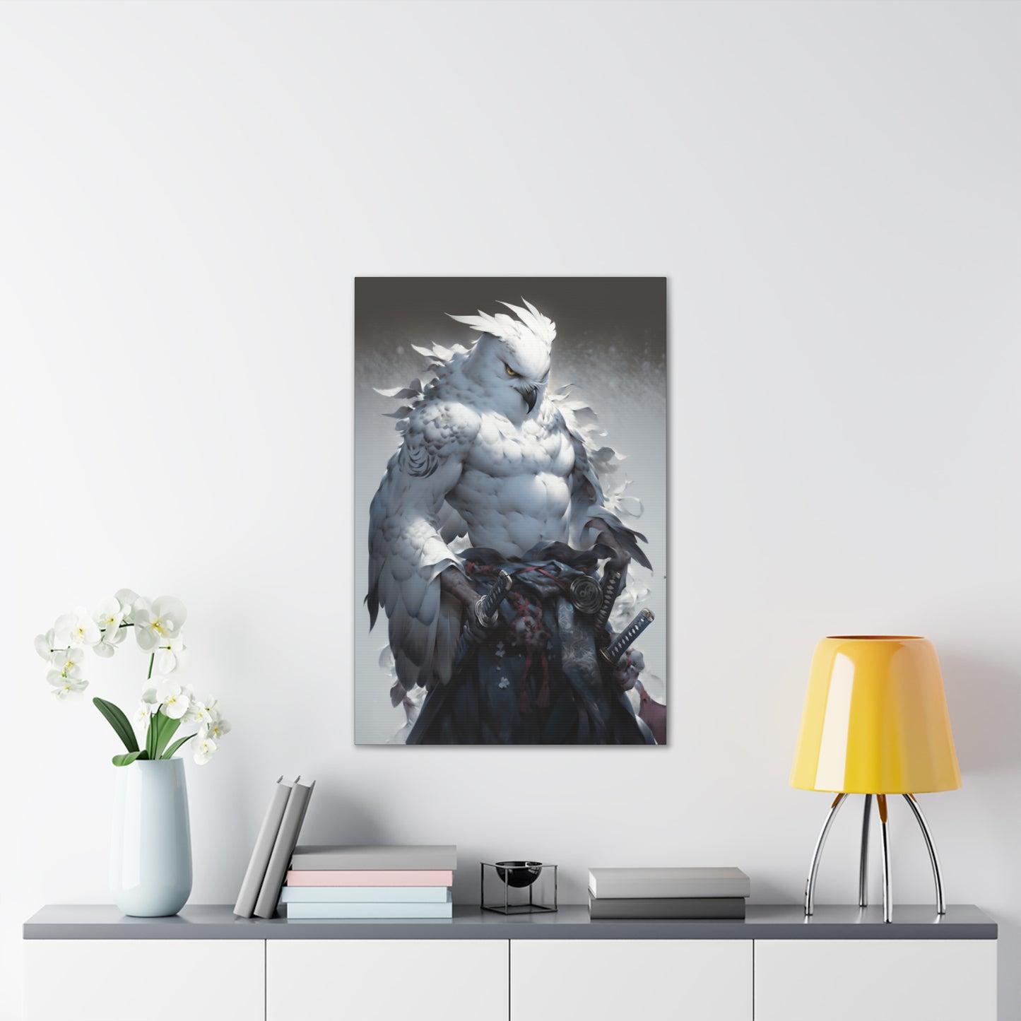 "Black & White Falcon Owl Samurai" Canvas Stretched, 0.75" - Print