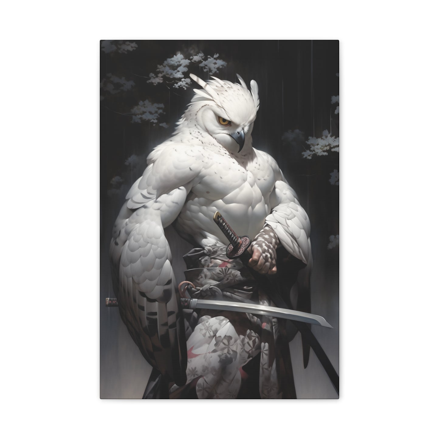 "Dark Brown & White Falcon Owl Samurai" Canvas Stretched, 0.75" - Print