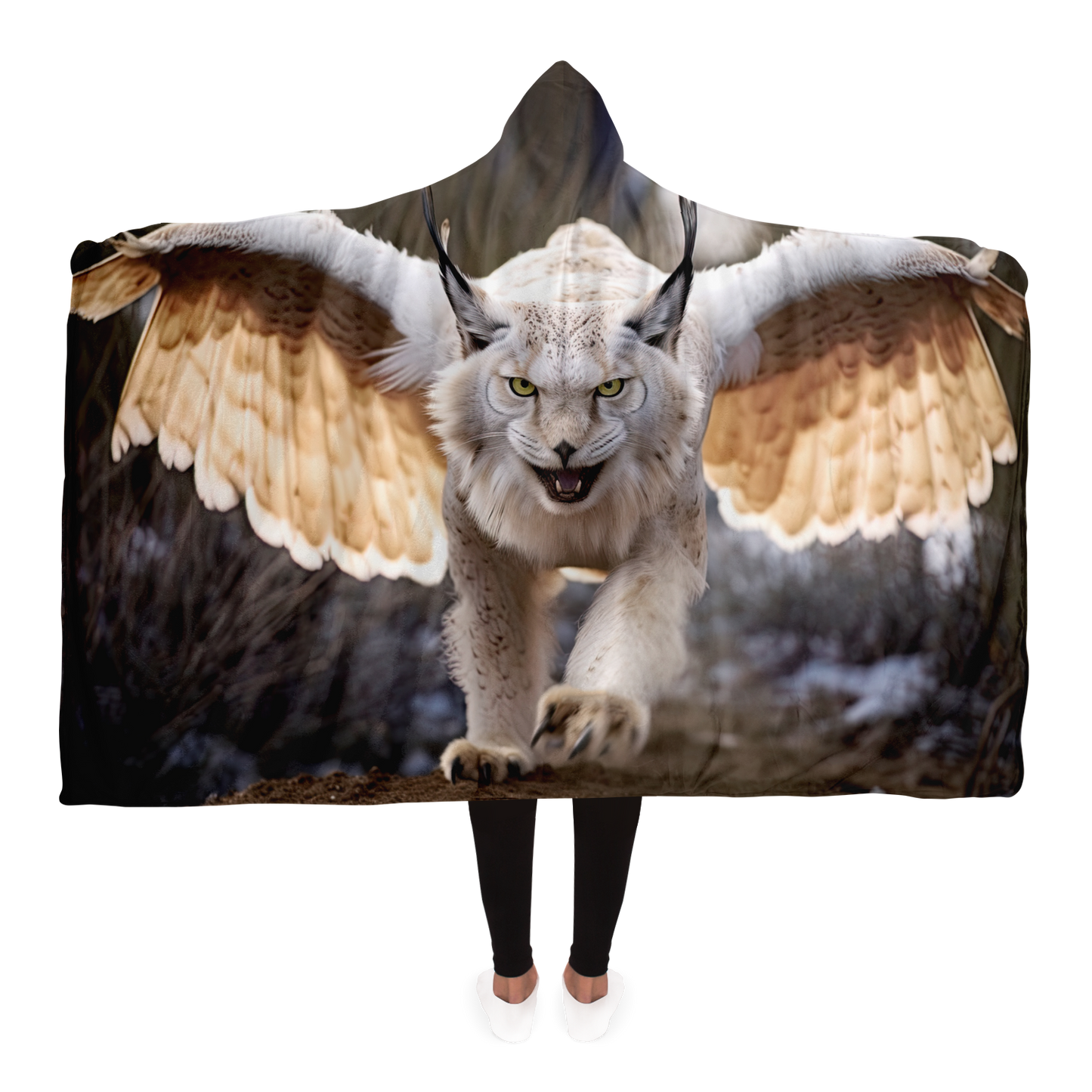 Ivory Winged Lynx Hooded Blanket