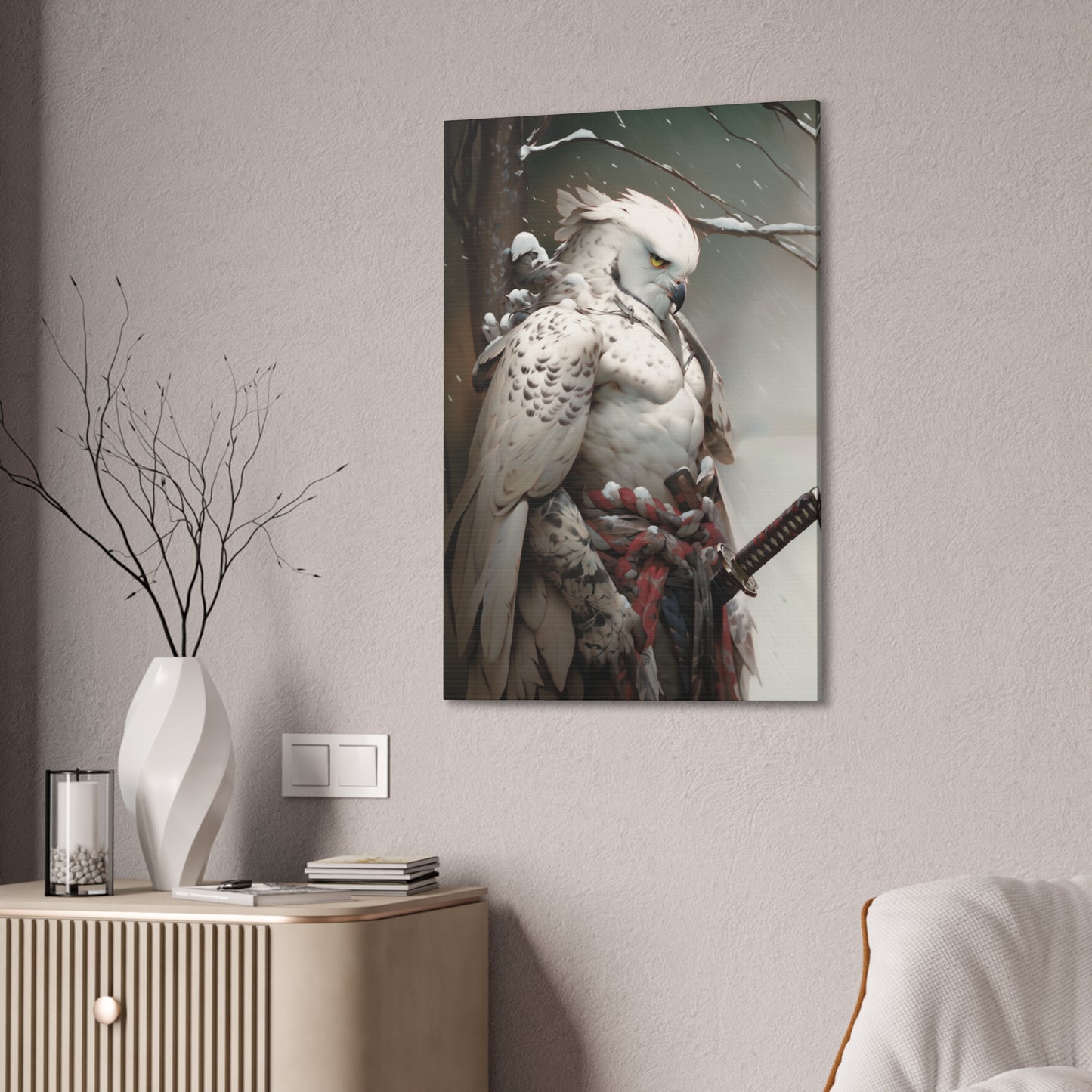 "Red & White Falcon Owl Samurai" Canvas Stretched, 0.75" - Print