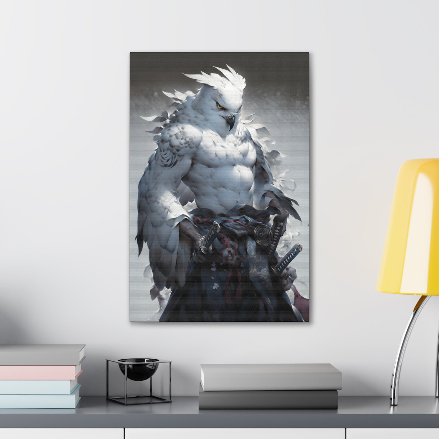 "Black & White Falcon Owl Samurai" Canvas Stretched, 0.75" - Print