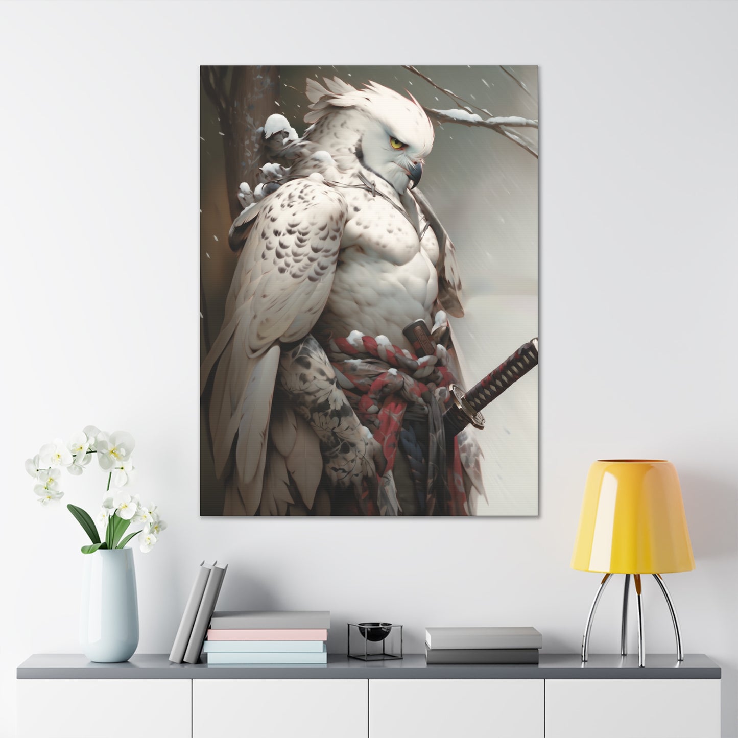 "Red & White Falcon Owl Samurai" Canvas Stretched, 0.75" - Print