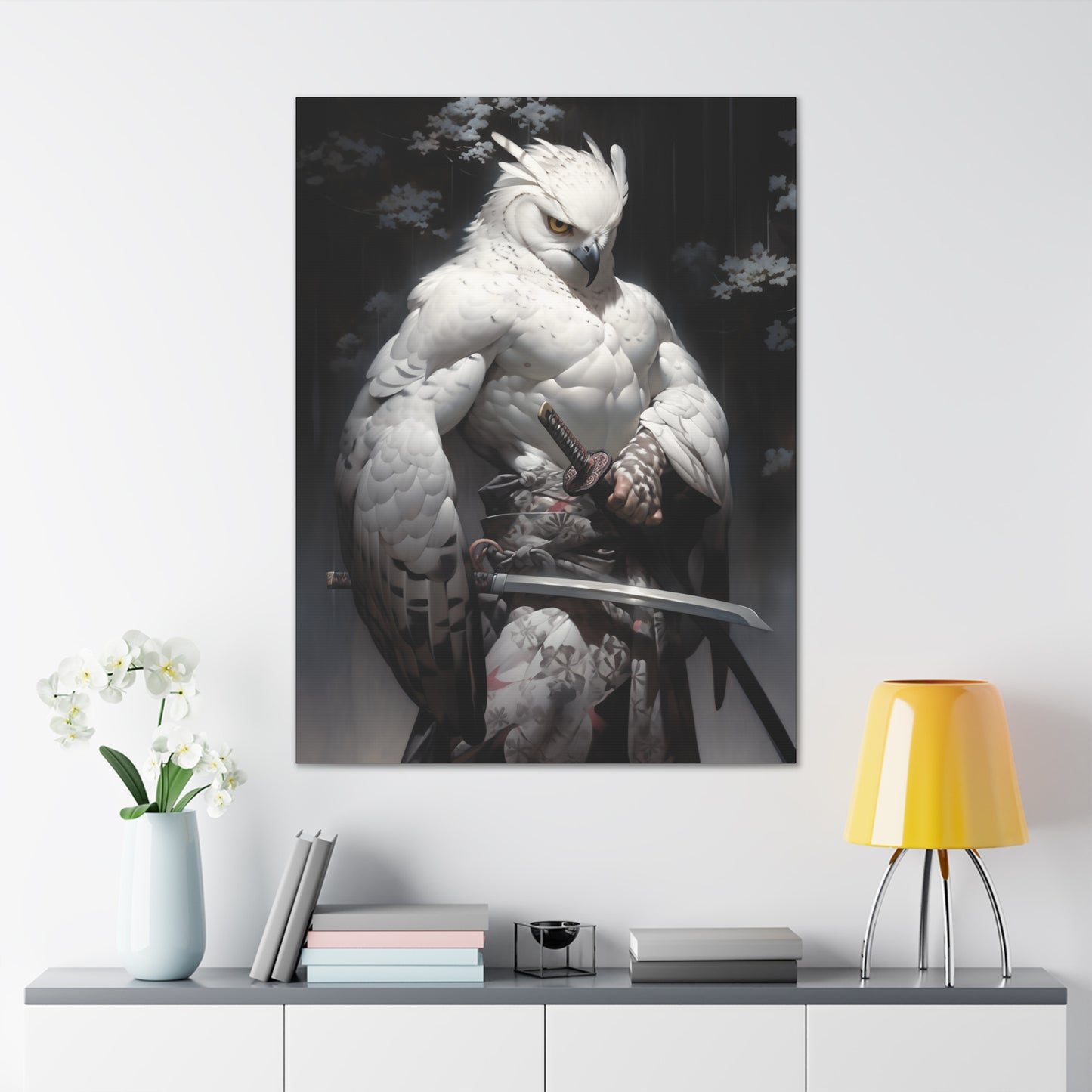 "Dark Brown & White Falcon Owl Samurai" Canvas Stretched, 0.75" - Print