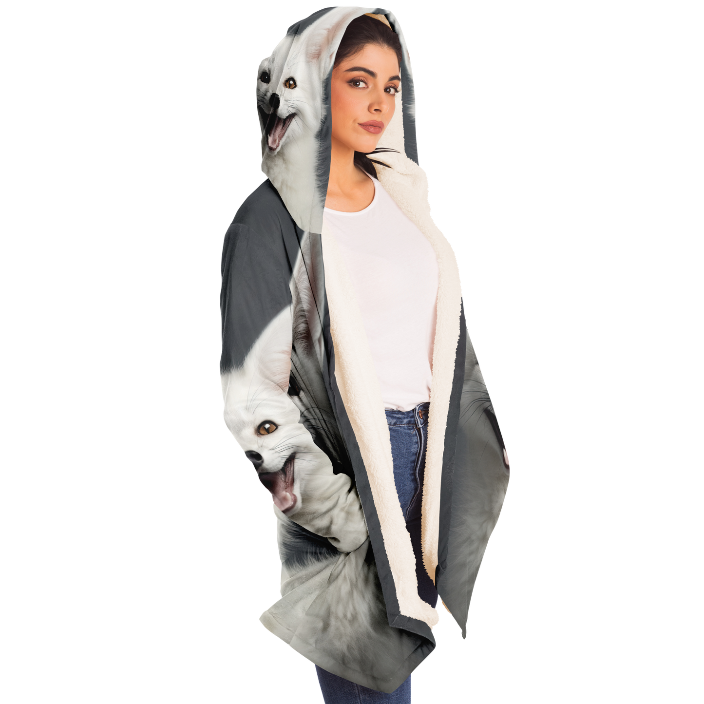 Happy White Fennec Fox Microfleece Cloak