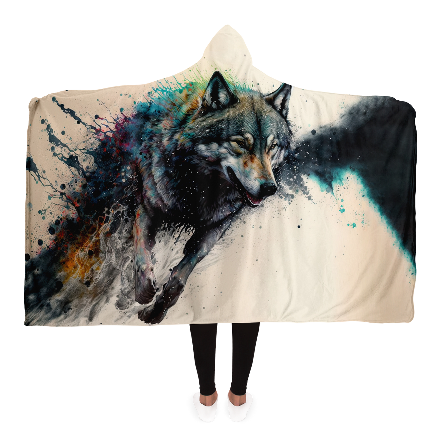 Running Wolf Ink Hooded Blanket - AOP