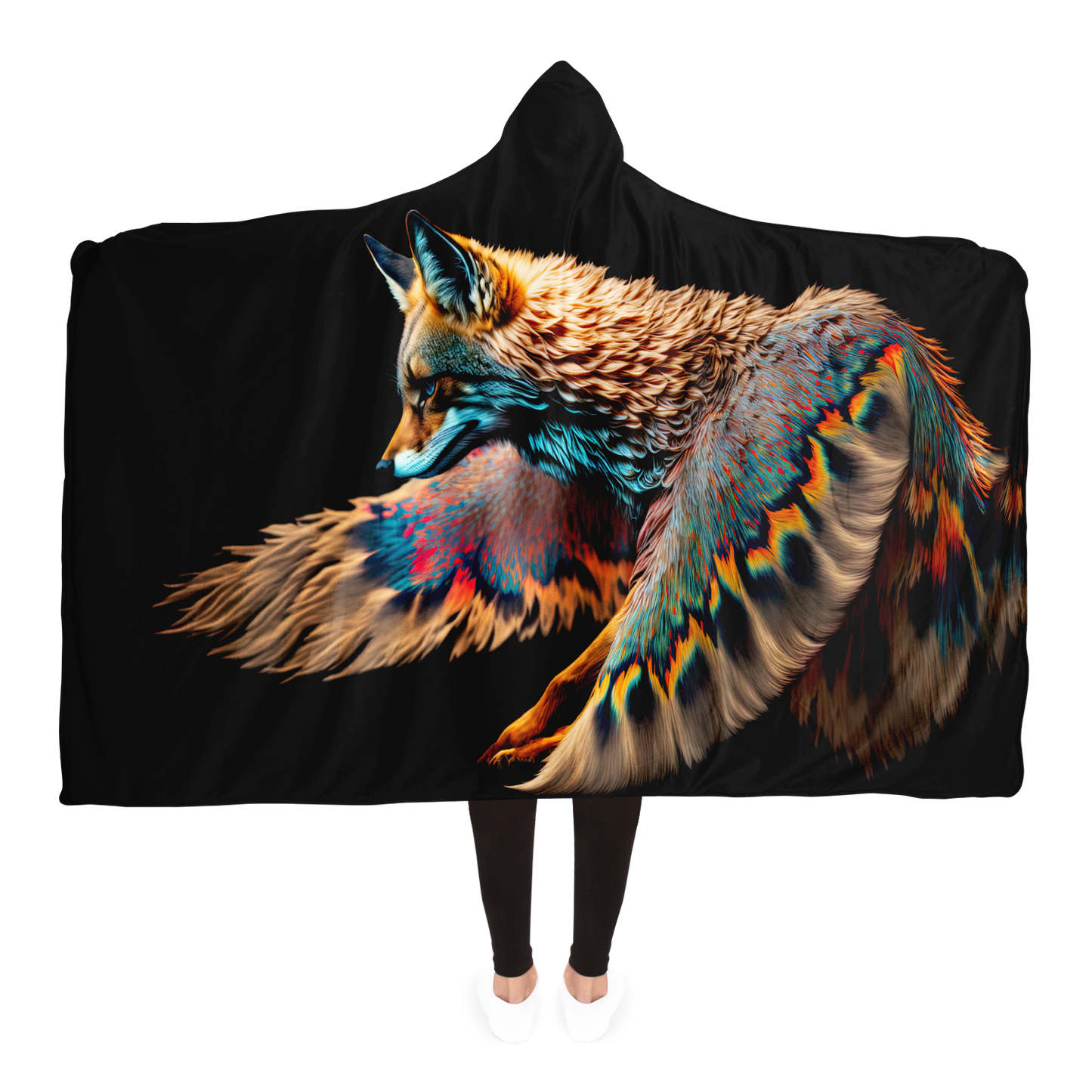 Winged Rainbow Fox Hooded Blanket